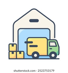 Warehouse icon. Warehouse, Storage, Inventory, Logistics, Distribution center, Stockroom, transportation, factory, Supply chain. Vector icon illustration