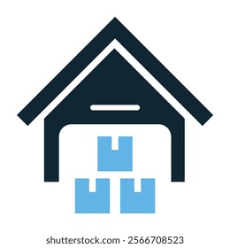 Warehouse Icon Vector, Minimalist Storage Facility Design Featuring House Roof and Stacked Boxes, Perfect for Logistics, Inventory Management, and Industrial Supply Chain Concepts