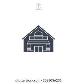 Warehouse icon vector represents a stylized storage facility, signifying logistics, supply chain, inventory, distribution, and commerce