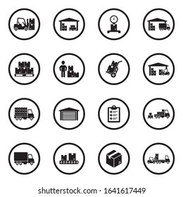 Warehouse Icons. Black Flat Design In Circle. Vector Illustration.