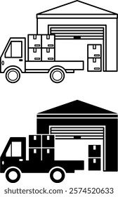 Warehouse Icons. Black and White Vector Illustrations. Unloading Goods in Warehouse. Car with Cargo, Delivery Service. Logistics Concept