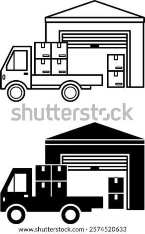 Warehouse Icons. Black and White Vector Illustrations. Unloading Goods in Warehouse. Car with Cargo, Delivery Service. Logistics Concept