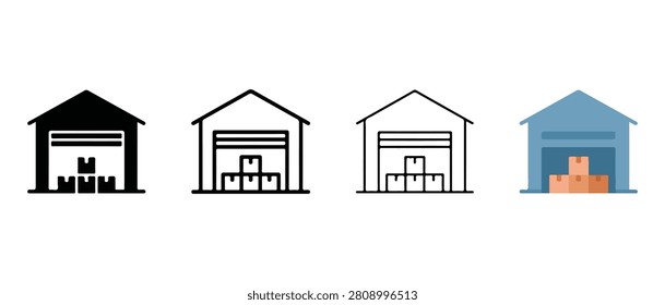 warehouse icons with boxes inside storage facilities industrial buildings