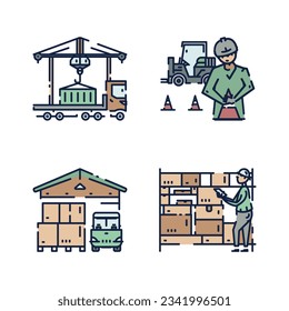 Warehouse icons, warehouse check, crane loaded the container cargo onto the truck, loader and road cones. logistic services icons for websites mobile app, presentations and any other projects.
