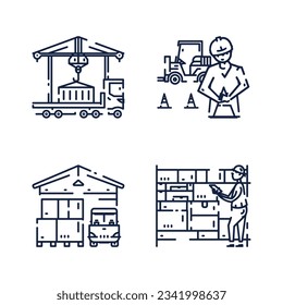Warehouse icons, warehouse check, crane loaded the container cargo onto the truck, loader and road cones. logistic services icons for websites mobile app, presentations and any other projects.