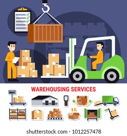 Warehouse icons collection with building outside, shelves with goods, truck with cartons, weight check isolated vector illustration