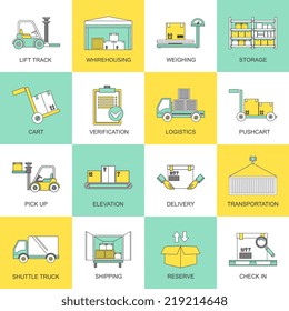 Warehouse icons flat line set of lift track weighing isolated vector illustration