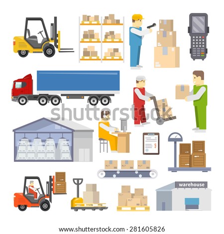 Warehouse icons flat set with shipping and delivery objects isolated vector illustration