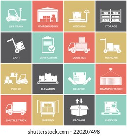 Warehouse icons flat set of storage cart verification isolated vector illustration