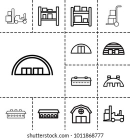 Warehouse icons. set of 13 editable outline warehouse icons such as barn, forklift, cargo barn, storage