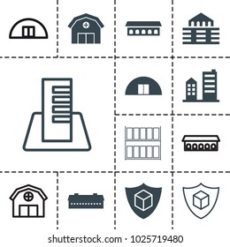 Warehouse icons. set of 13 editable filled and outline warehouse icons such as barn, cargo insurance, building, cargo barn