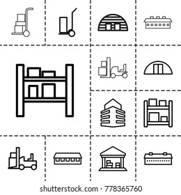 Warehouse icons. set of 13 editable outline warehouse icons such as barn, forklift, cart cargo, cargo barn, storage