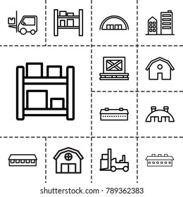 Warehouse icons. set of 13 editable outline warehouse icons such as barn, forklift, cargo on palette, cargo barn, storage