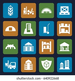 Warehouse icons set. set of 16 warehouse filled icons such as barn, forklift, cart cargo, cargo on palette, building