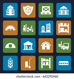 Warehouse icons set. set of 16 warehouse filled icons such as barn, forklift, cart cargo, cargo on palette, building