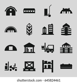 Warehouse icons set. set of 16 warehouse filled icons such as barn, forklift, cart cargo, cargo on palette
