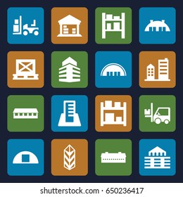 Warehouse icons set. set of 16 warehouse filled icons such as barn, forklift, cargo on palette, cargo, cargo barn, building