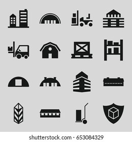 Warehouse icons set. set of 16 warehouse filled icons such as barn, forklift, cart cargo, cargo on palette