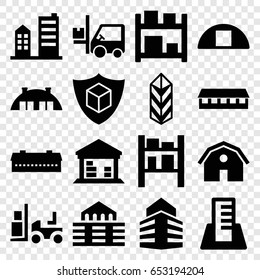 Warehouse icons set. set of 16 warehouse filled icons such as barn, forklift, cargo, cargo barn, cargo insurance, building