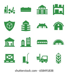 Warehouse icons set. set of 16 warehouse filled icons such as barn, forklift, cart cargo, cargo on palette, building