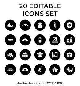 Warehouse icons. set of 20 editable filled warehouse icons such as barn, cargo, forklift, cargo barn. best quality warehouse elements in trendy style.