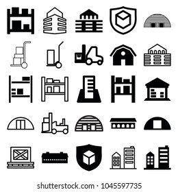 Iconos de almacén. conjunto de 25 iconos de almacén rellenos y esquemáticos editables como granero, granero de carga, almacenamiento, construcción, carretilla elevadora