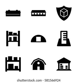 warehouse icons set. Set of 9 warehouse filled icons such as barn, cargo barn, cargo insurance, building