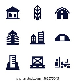 warehouse icons set. Set of 9 warehouse filled icons such as barn, forklift, cargo on palette, cargo, cargo barn