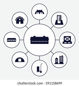 warehouse icons set. Set of 9 warehouse filled icons such as barn, cart cargo, cargo on palette, cargo barn