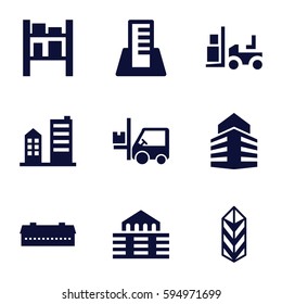 warehouse icons set. Set of 9 warehouse filled icons such as barn, forklift, cargo, cargo barn