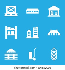 Warehouse icons set. set of 9 warehouse filled icons such as barn, cart cargo, cargo on palette