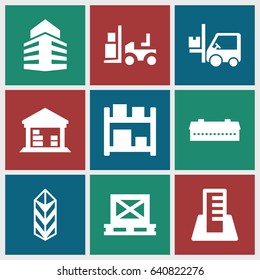 Warehouse icons set. set of 9 warehouse filled icons such as barn, forklift, cargo on palette, cargo, cargo barn, building