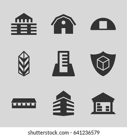 Warehouse icons set. set of 9 warehouse filled icons such as barn, cargo, cargo barn, cargo insurance