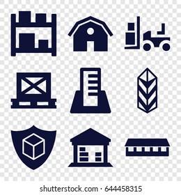 Warehouse icons set. set of 9 warehouse filled icons such as barn, forklift, cargo on palette, cargo, building