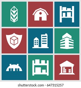 Warehouse icons set. set of 9 warehouse filled icons such as barn, cargo, cargo barn, cargo insurance, building
