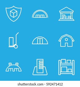 warehouse icons set. Set of 9 warehouse outline icons such as barn, cart cargo, cargo barn, cargo insurance, building