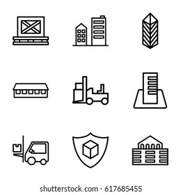 Warehouse icons set. set of 9 warehouse outline icons such as barn, forklift, cargo on palette, cargo, cargo insurance