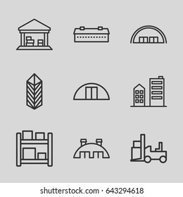 Warehouse icons set. set of 9 warehouse outline icons such as barn, forklift, cargo, cargo barn, building