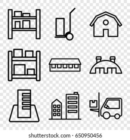 Warehouse icons set. set of 9 warehouse outline icons such as barn, cart cargo, forklift, cargo barn, building