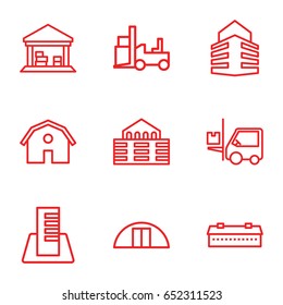 Warehouse icons set. set of 9 warehouse outline icons such as barn, forklift, cargo barn