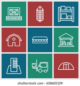 Warehouse icons set. set of 9 warehouse outline icons such as barn, cargo on palette, cargo, forklift, cargo barn, building