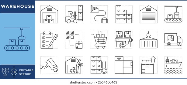 Ícones de depósito definidos. Construção, armazenamento, mercadorias armazenadas, empilhadeira, inventário, código de barras, carrinho, transportador, caminhão de entrega, caixa e muitos mais. Traçado editável de vetor.