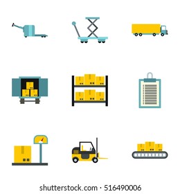 Ícones de depósito definidos. Ilustração plana de 9 ícones de vetor de armazém para web