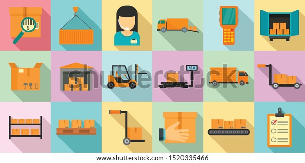 Warehouse icons set. Flat set of warehouse vector\
icons for web design