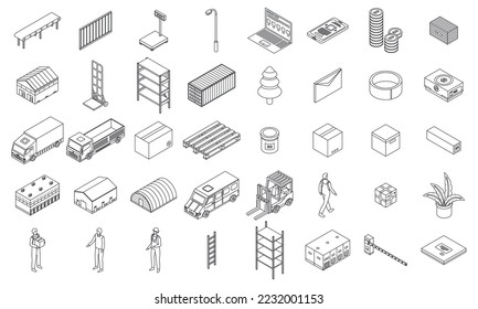 Warehouse icons set. Isometric set of warehouse vector icons outline vector on white background