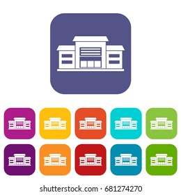 Warehouse icons set vector illustration in flat style in colors red, blue, green, and other