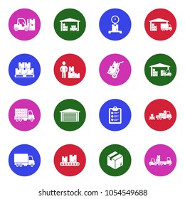 Warehouse Icons. White Flat Design In Circle. Vector Illustration. 
