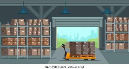 Warehouse indoor flat vector illustration. Factory storehouse background. Distribution, logistics, shipment concepts.