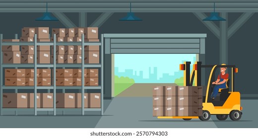 Warehouse indoor flat vector illustration. Factory storehouse worker character. Handyman loading cardboard boxes. Distribution, logistics, shipment.