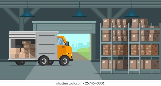 Warehouse indoor flat vector illustration. Factory storehouse background. Distribution, logistics, shipment concepts.